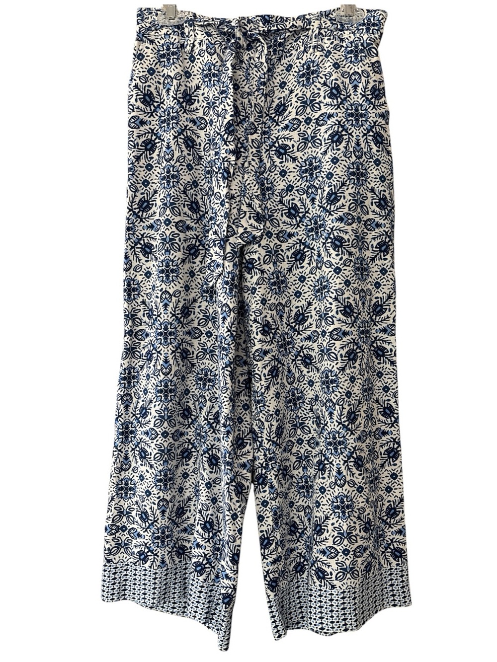 JOIE linen blend pants, sz 8 blue white print. Loose fit, pull on, tie front